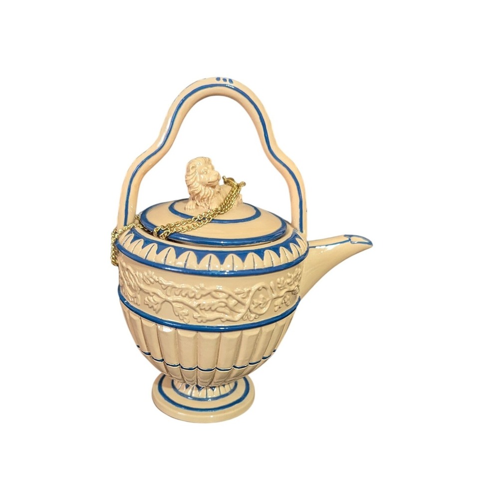 Nini Lion Caneware Teapot Hand Painted Miniature Tan Blue 6-17 Ceramic Decor